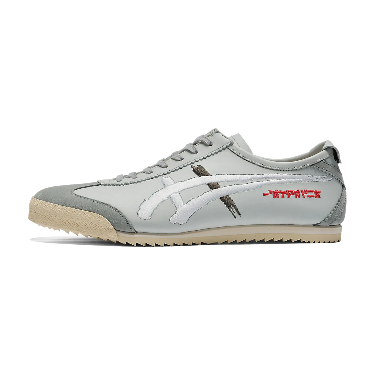 Onitsuka Tiger Mexico 66 Deluxe Piedmont Grey White Red, zijaanzicht met grijs-wit lederen bovenwerk en rode logo-tekst