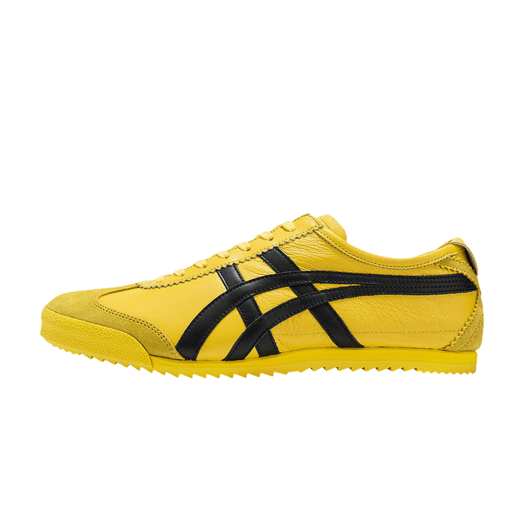 Onitsuka Tiger Mexico 66 Deluxe NM Kill Bill, zijaanzicht met geel leer, zwarte diagonale strepen en gele zool