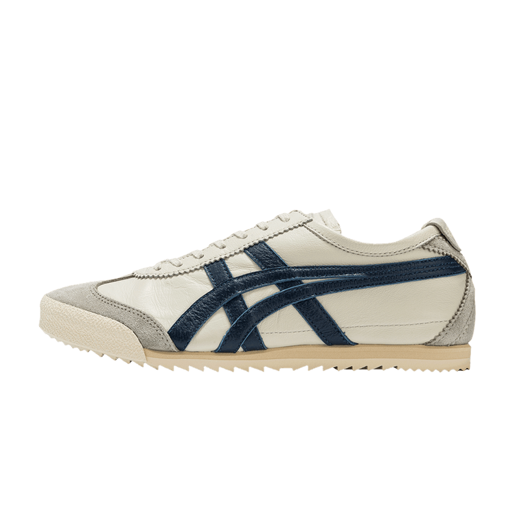 Onitsuka Tiger Mexico 66 Deluxe NM Birch Indigo Blue, zijaanzicht sneaker met crèmekleurig leer en donkerblauwe strepen