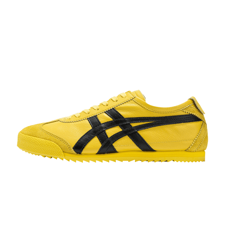 Onitsuka Tiger Mexico 66 Deluxe NM Kill Bill Yellow Midsole, zijaanzicht met geel leer, zwarte strepen en gele zool