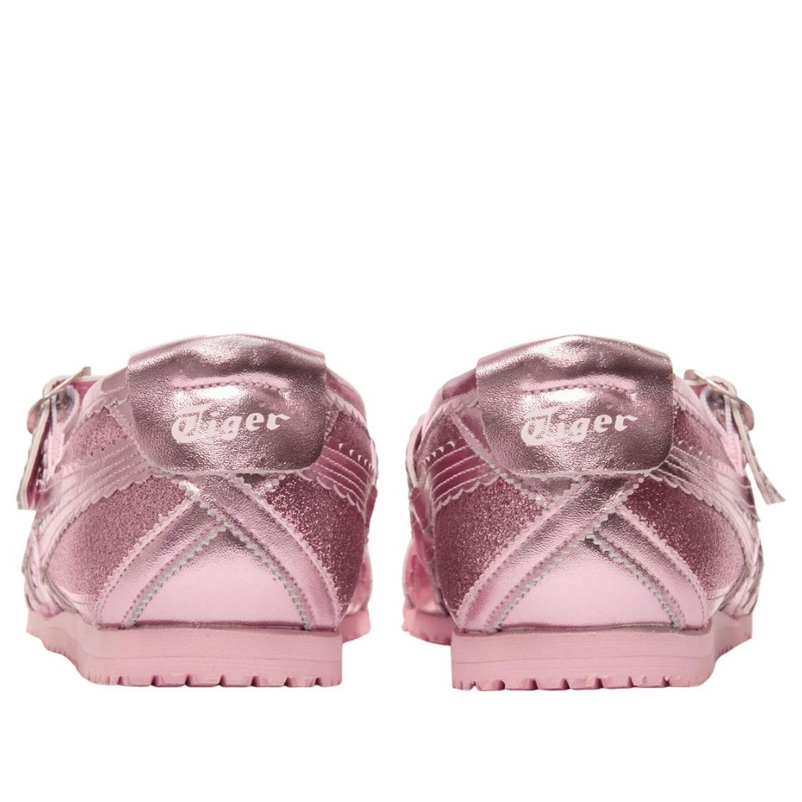 Onitsuka Tiger Mexico 66 TGRS Glitter Pack Pink Cameo, achteraanzicht met glittereffect en merknaam zichtbaar