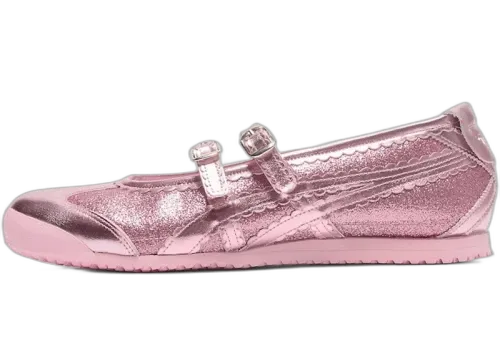 Onitsuka Tiger Mexico 66 TGRS Glitter Pack Pink Cameo, zijaanzicht met glitterend roze oppervlak en metallic details