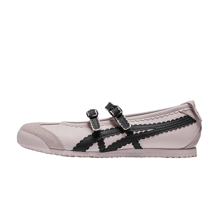 Onitsuka Tiger Mexico 66 TGRS zijaanzicht in roze met zwarte strepen en metalen sluiting, detailfoto van zool