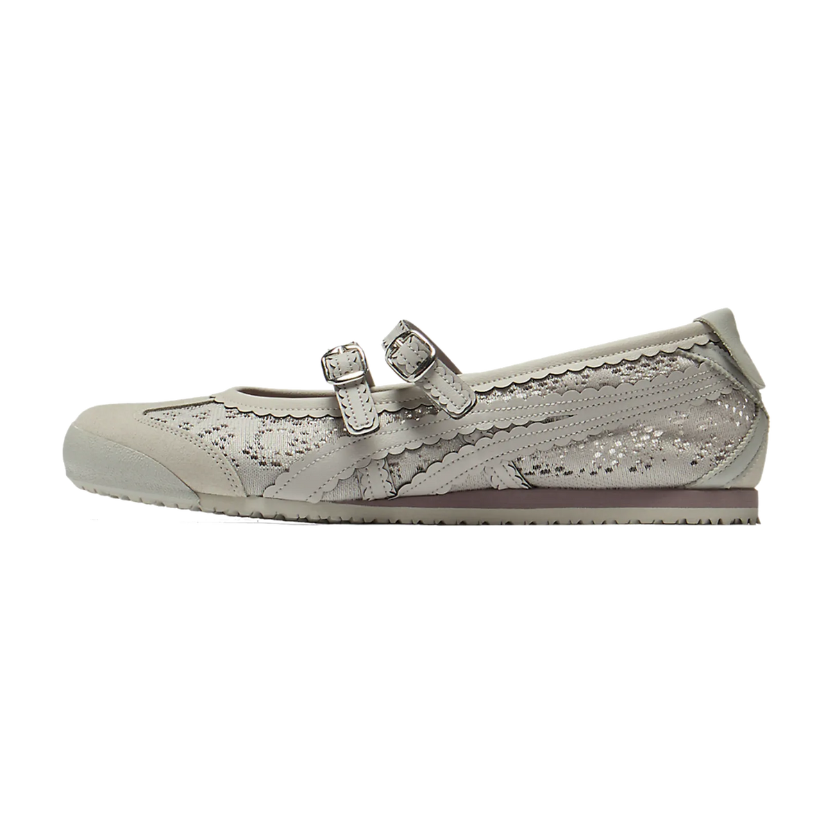 Onitsuka Tiger Mexico 66 TGRS Jacquard Mesh Oyster Grey zijaanzicht, grijs gaasmateriaal met jacquardpatroon