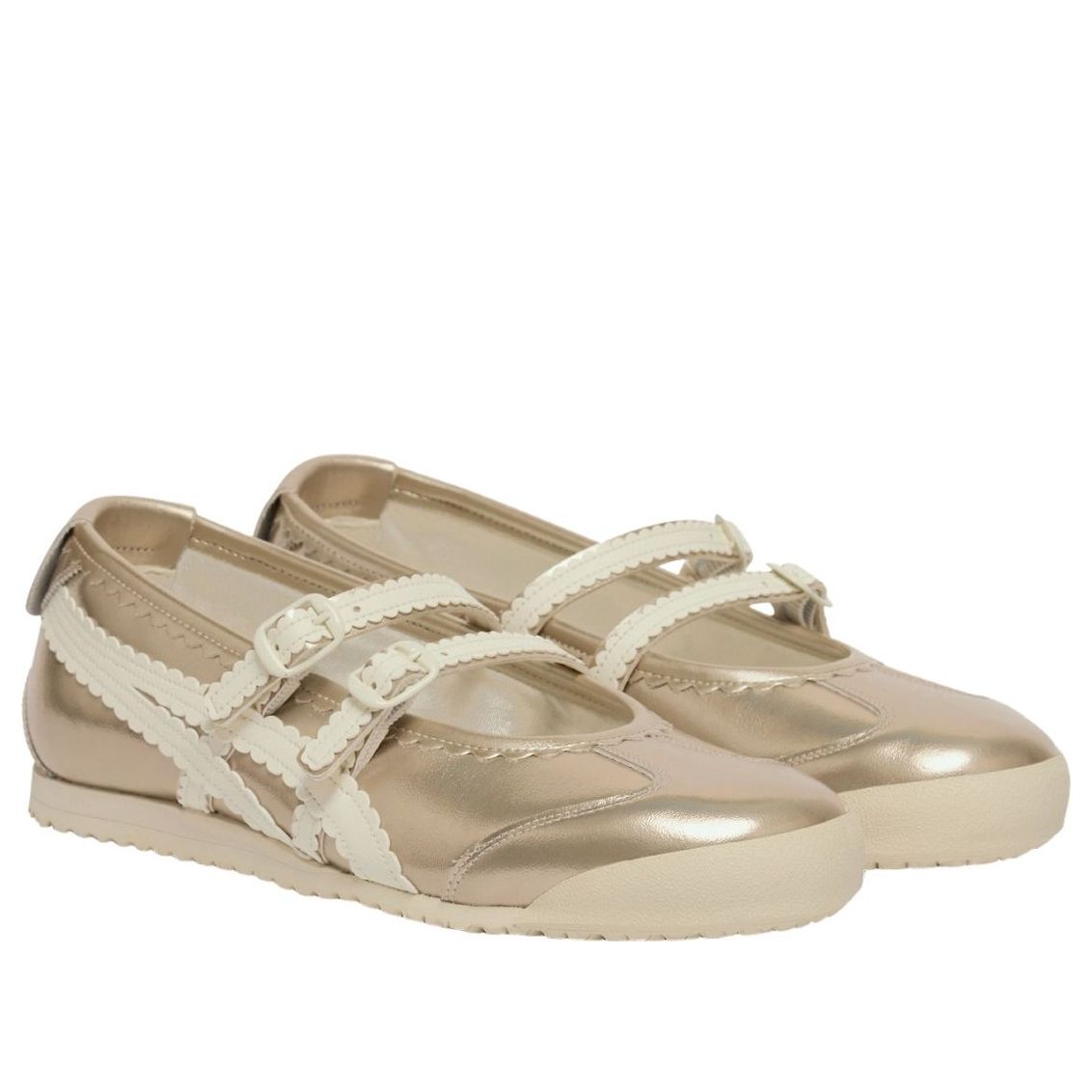 Onitsuka Tiger Mexico 66 TGRS Metallic Pack Champagne Cream, paar samen vanaf bovenkant met witte bandjes en gouden glans