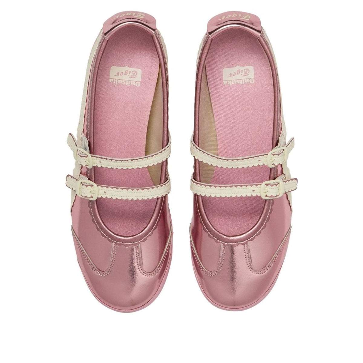 Onitsuka Tiger Mexico 66 TGRS Metallic Pack Crystal Pink Cream, bovenaanzicht met crème bandjes