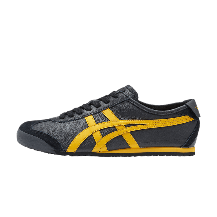 Onitsuka Tiger Mexico 66 Black Yellow, zijaanzicht met zwart leer en gele dwarsstrepen op flank