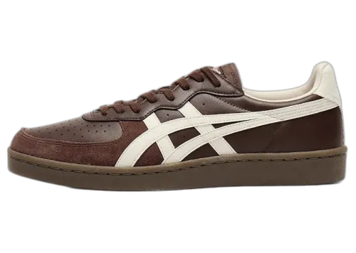 Onitsuka Tiger GSM Dark Brown Cream, zijaanzicht met bruin suède en wit X-logo op flank