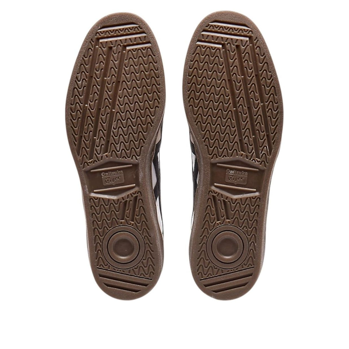 Onitsuka Tiger GSM White Black Beige Toe, zoolprofiel bruine zool met golfpatroon en merklogo
