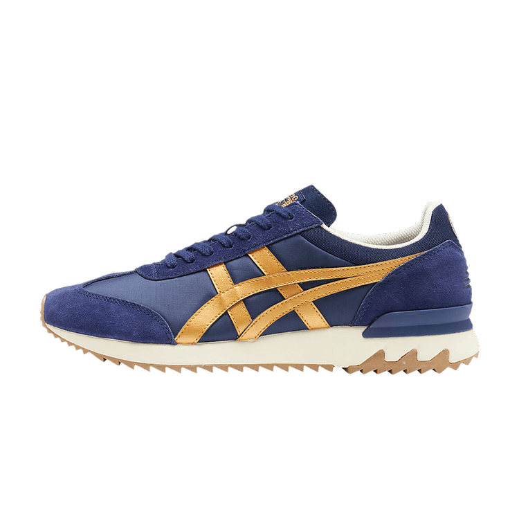 Onitsuka Tiger California 78 EX Peacoat Pure Gold zijaanzicht, marineblauw suède met gouden strepen en witte zool