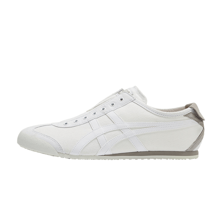 Onitsuka Tiger Mexico 66 Slip-On White Grey, zijaanzicht met wit leer, grijze details en elastische inslag