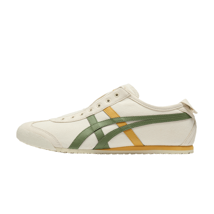 Onitsuka Tiger Mexico 66 Slip-On Birch Moss, zijaanzicht met crème canvas, groene en gele diagonale strepen