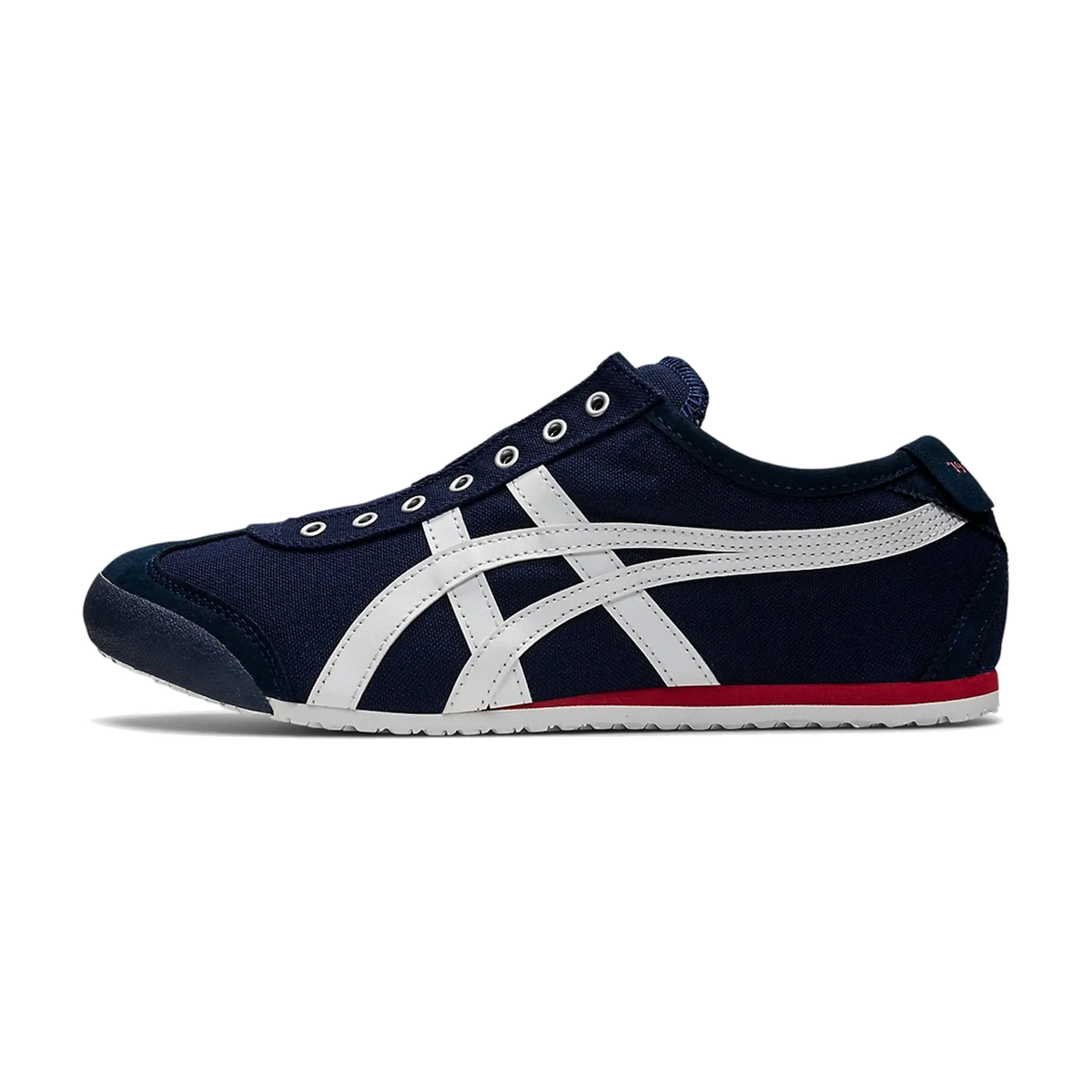 Onitsuka Tiger Mexico 66 Slip-On Navy Off-White Red, zijaanzicht met witte strepen, rode zoolrand en oogjes