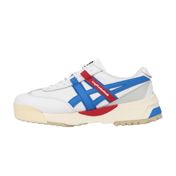 Onitsuka Tiger Delegation Ex White Electric Blue, zijaanzicht met wit leer, blauwe en rode banden, beige zool