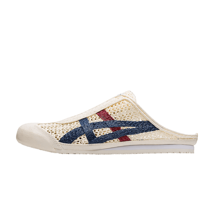 Onitsuka Tiger Mexico 66 Sabot Cream Mako Blue Red, zijaanzicht van opengewerkte sabot met netstructuur in crème, blauw en