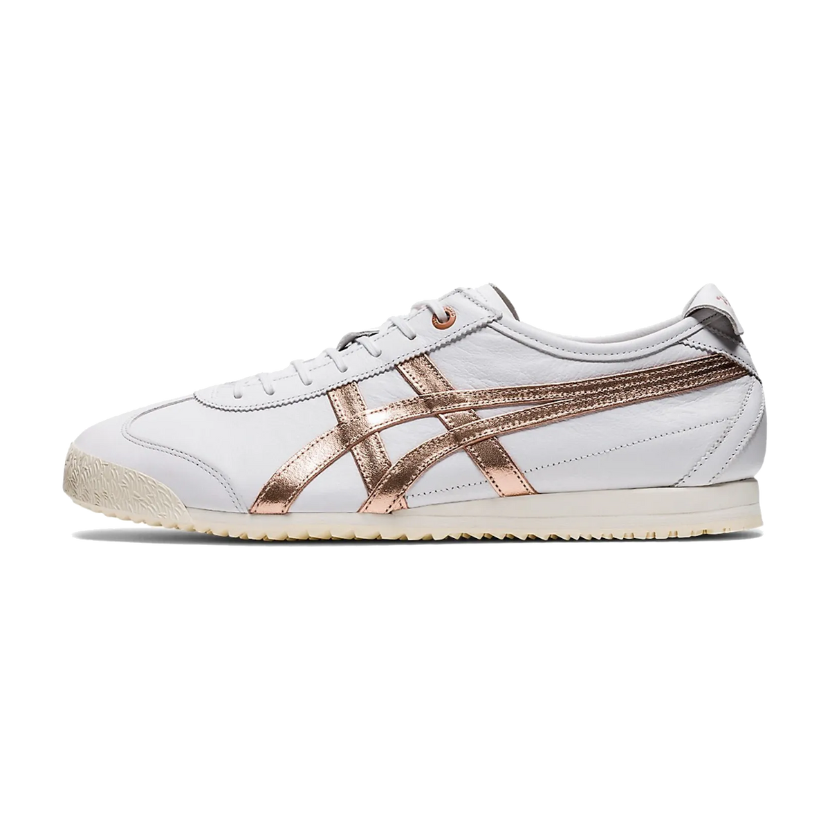 Onitsuka Tiger Mexico 66 SD White Rose Gold, zijaanzicht met witte leren bovenkant en metallic roségouden strepen