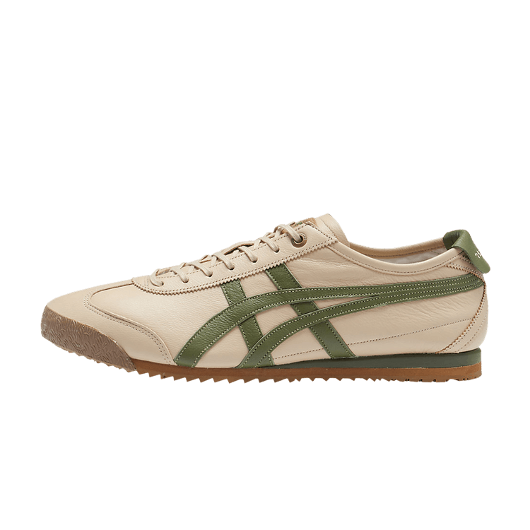Onitsuka Tiger Mexico 66 SD Beige Green, zijaanzicht met crème leer en groene strepen, vetersluiting en gum zool