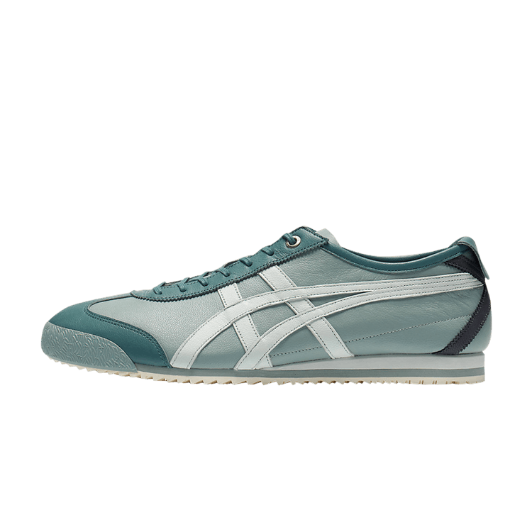 Onitsuka Tiger Mexico 66 SD Ocean Haze Pale Mint, zijaanzicht met contrasterende witte strepen en grijsgroene kleurvlakken