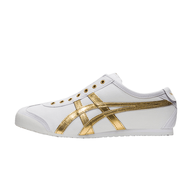 Onitsuka Tiger Mexico 66 Slip-On White Pure Gold, zijaanzicht met wit canvas en goudkleurige strepen, gouden ogen