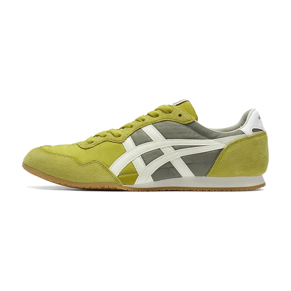 Onitsuka Tiger Serrano Kelp Birch zijaanzicht, geel suède met wit en grijs accenten, gumzool