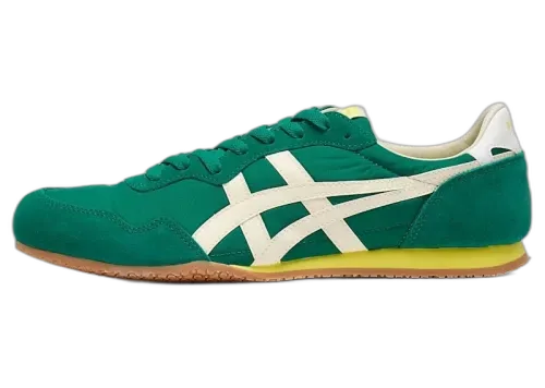 Onitsuka Tiger Serrano Forest Green Cream Lime, zijaanzicht met groen suèdeleer, crème strepen en lime zoolaccent