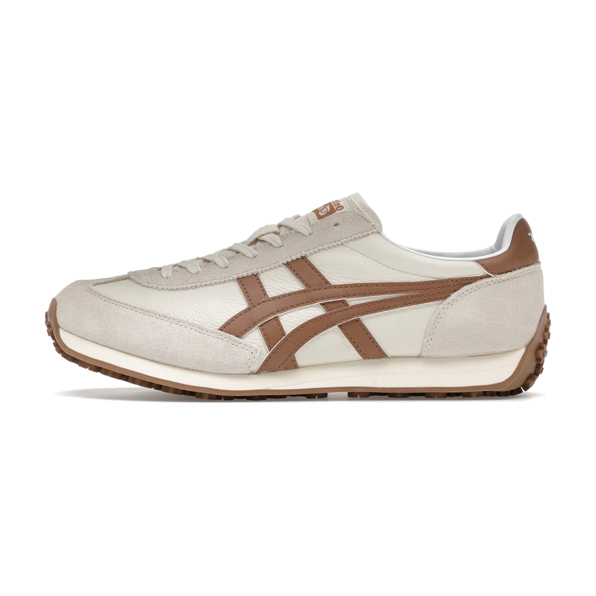 Onitsuka Tiger EDR 78 zijaanzicht, crème en bruin suède met contrasterende strepen