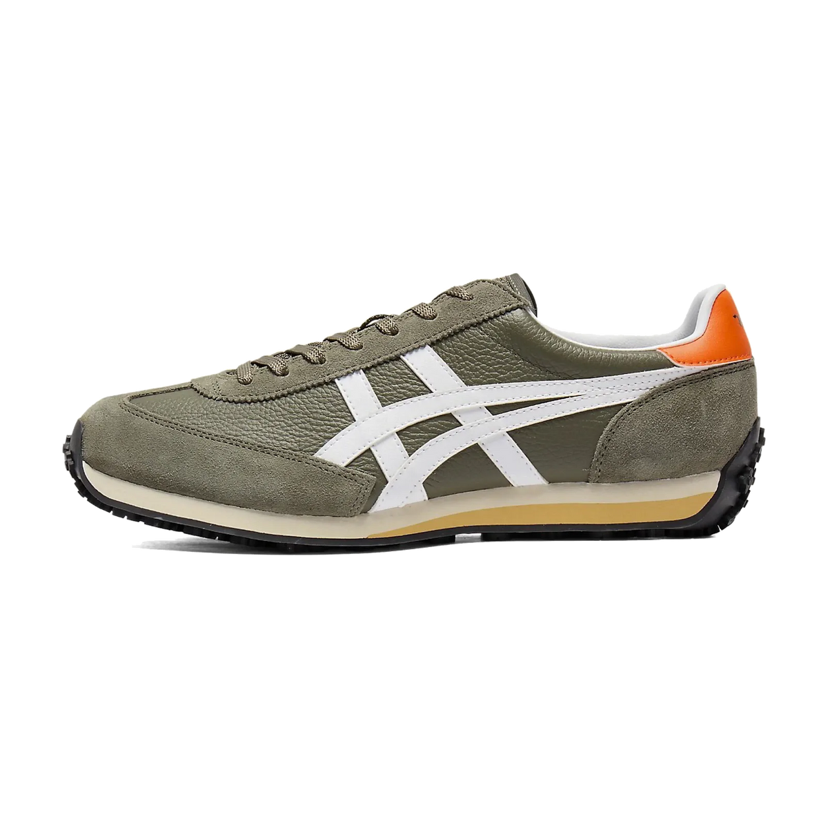 Onitsuka Tiger EDR 78 Mantle Green White Orange zijaanzicht, suède en textiel in olijfgroen met witte strepen