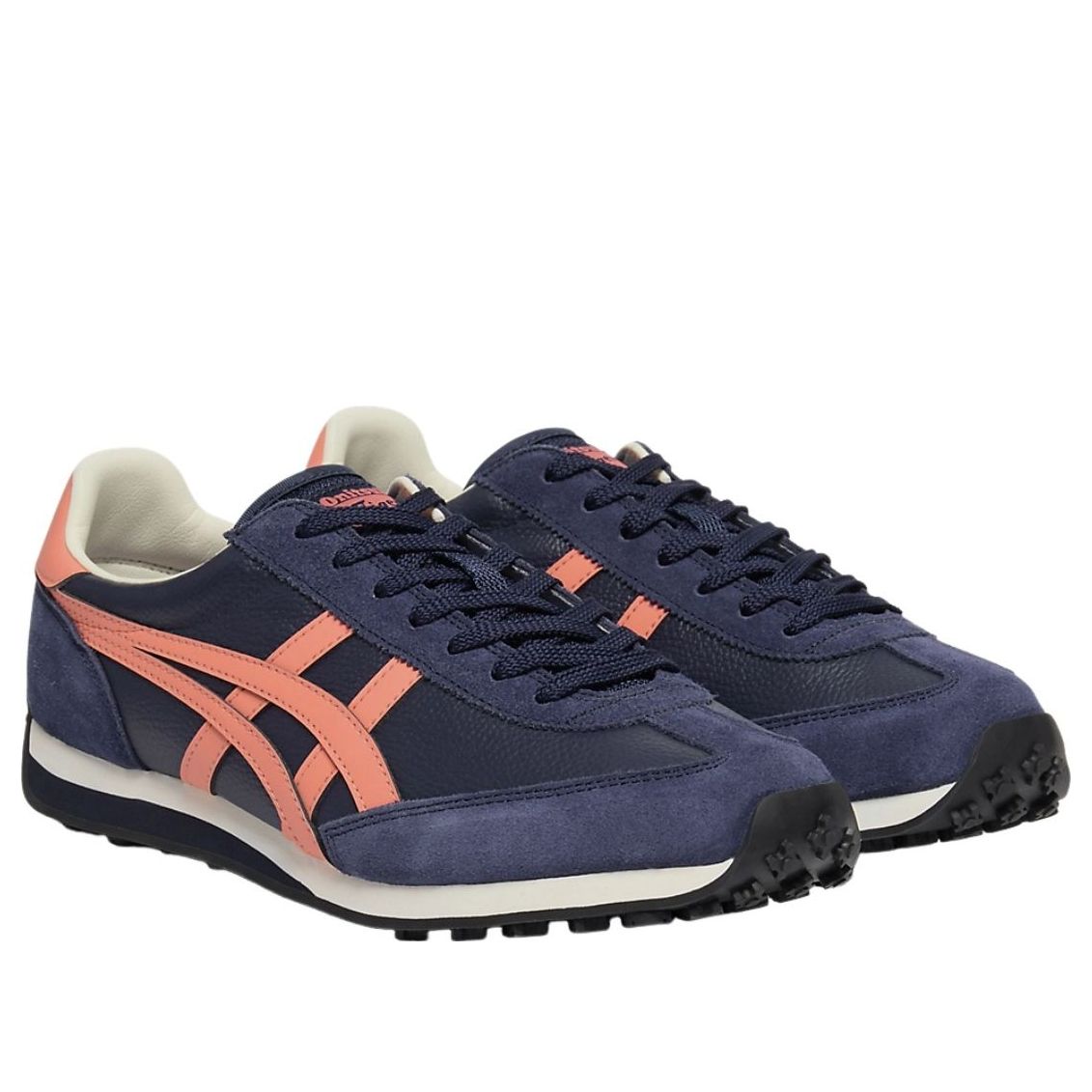 Onitsuka Tiger EDR 78 Peacoat Guava paar samen bovenaanzicht toont donkerblauwe upper met koraalkleurige details