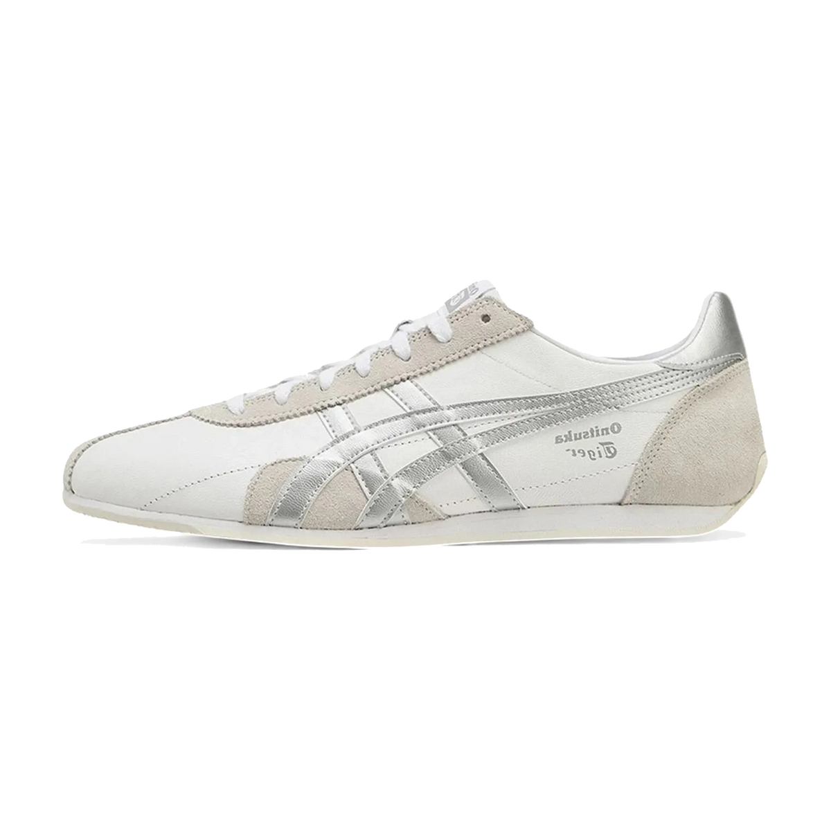 Onitsuka Tiger Runspark White Silver, zijaanzicht met wit leer, grijze strepen en beige suède details