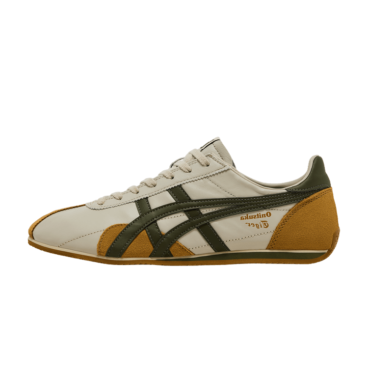 Onitsuka Tiger Runspark Beige Olive Green Mustard Yellow, zijaanzicht met crème leer, olijfgroene en mosterdgele kleurvlakken