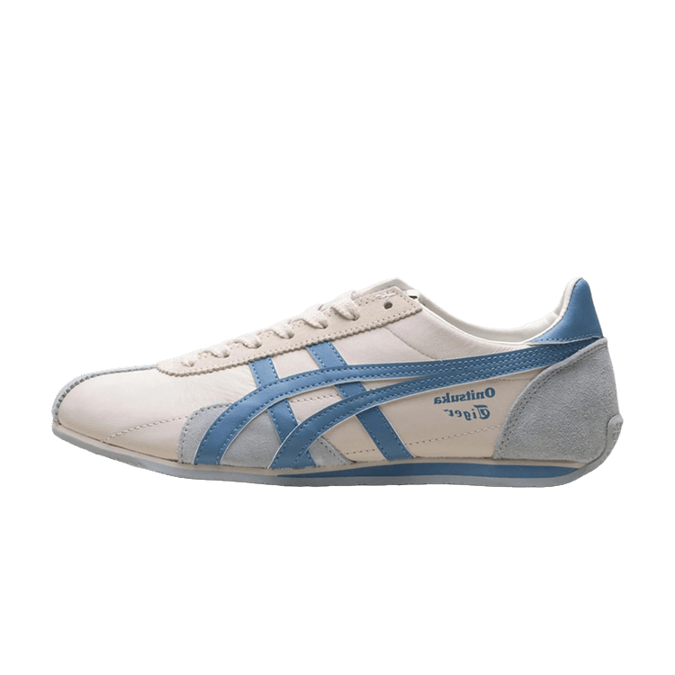Onitsuka Tiger Runspark Cream Light Blue, zijaanzicht met crème leerlook, blauwe strepen en grijze suède details