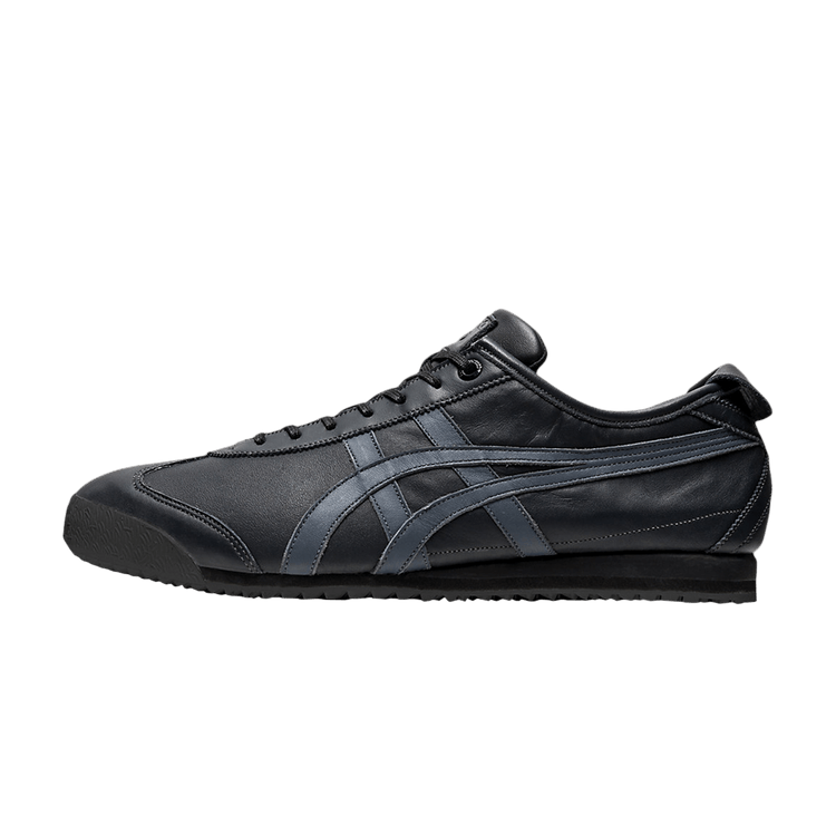 Onitsuka Tiger Mexico 66 SD zijaanzicht, zwart leer met grijze streepdetails en klassieke zoolprofiel