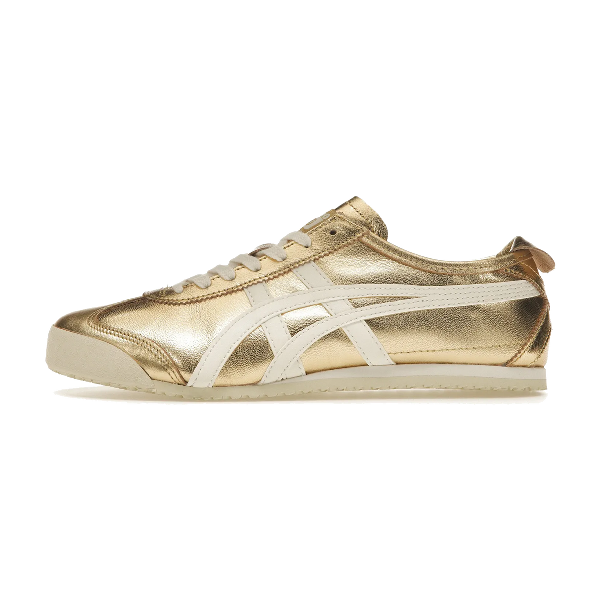 Onitsuka Tiger Mexico 66 Gold White, zijaanzicht met goudkleurig metallic leer en witte dwarsstrepen op de zijkant