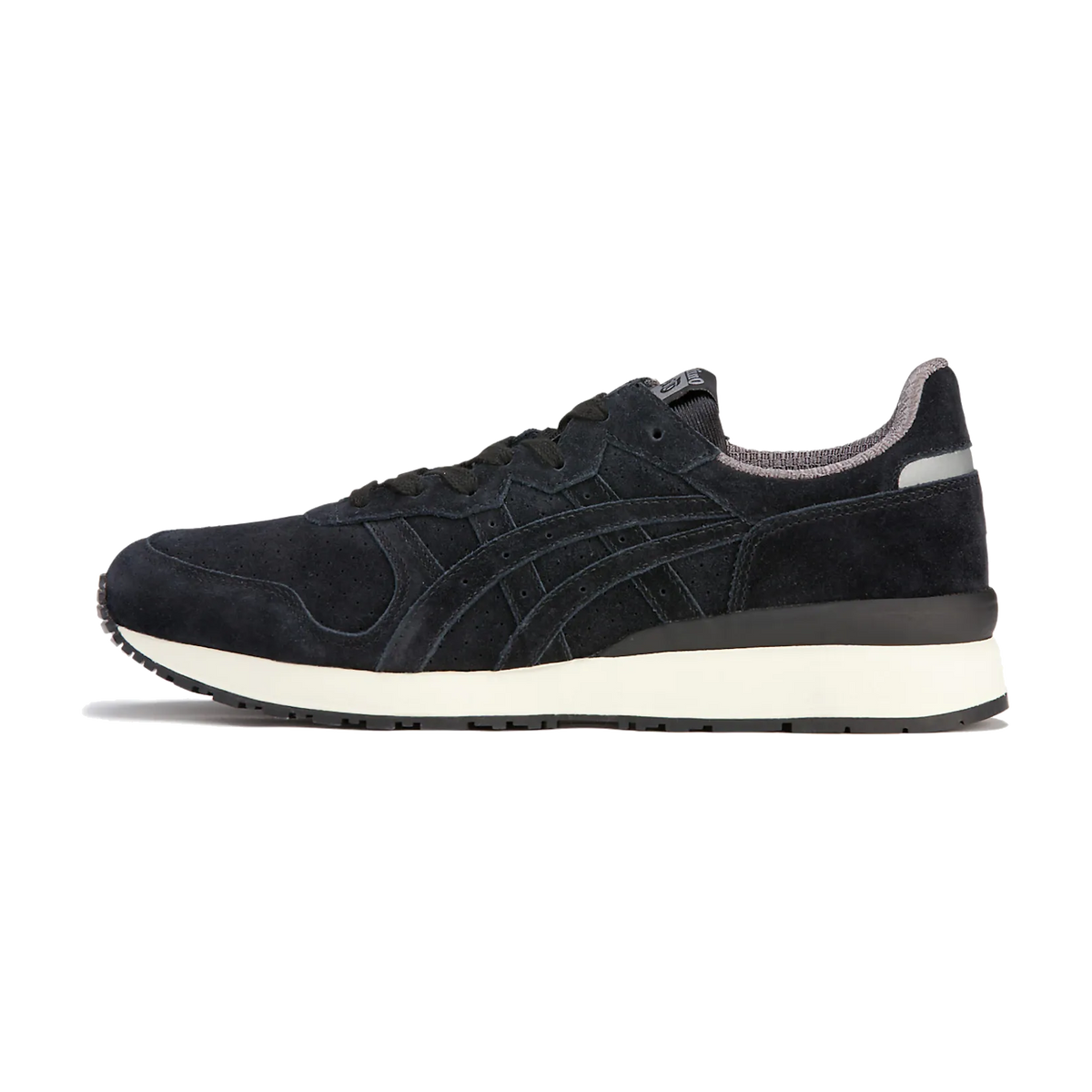 Onitsuka Tiger Tiger Ally Black White, zijaanzicht met zwart suède, witte zool en grijze voering