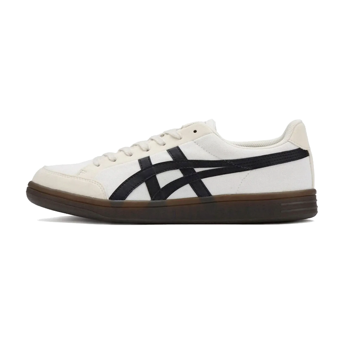 Onitsuka Tiger Advanti Cream White Black, zijaanzicht met wit leer, zwarte strepen en bruine zool