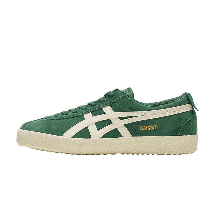 Onitsuka Tiger Mexico Delegation Pine Green Cream, zijaanzicht met groen suède en crème strepen, gele logo op zijkant