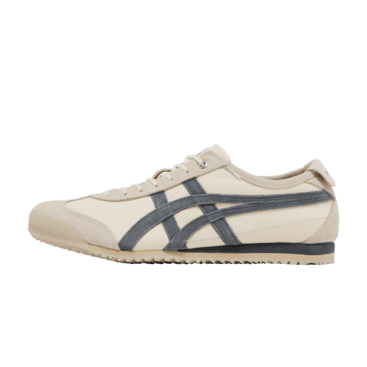 Onitsuka Tiger Mexico 66 SD Birch Metropolis zijaanzicht, crème canvas met donkerblauwe strepen en grijze zool