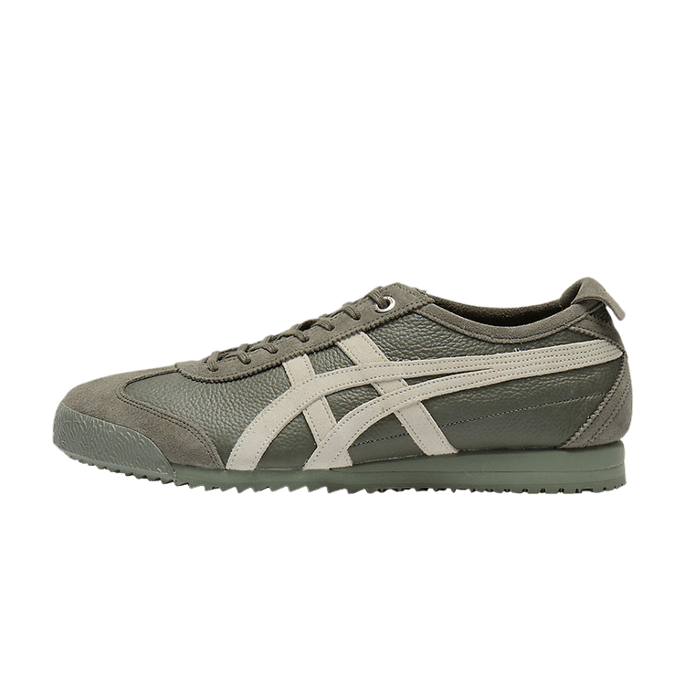 Onitsuka Tiger Mexico 66 SD, zijaanzicht van grijsgroene sneaker met ivoren dwarsstrepen en textuurdetails, lace-up sluiting