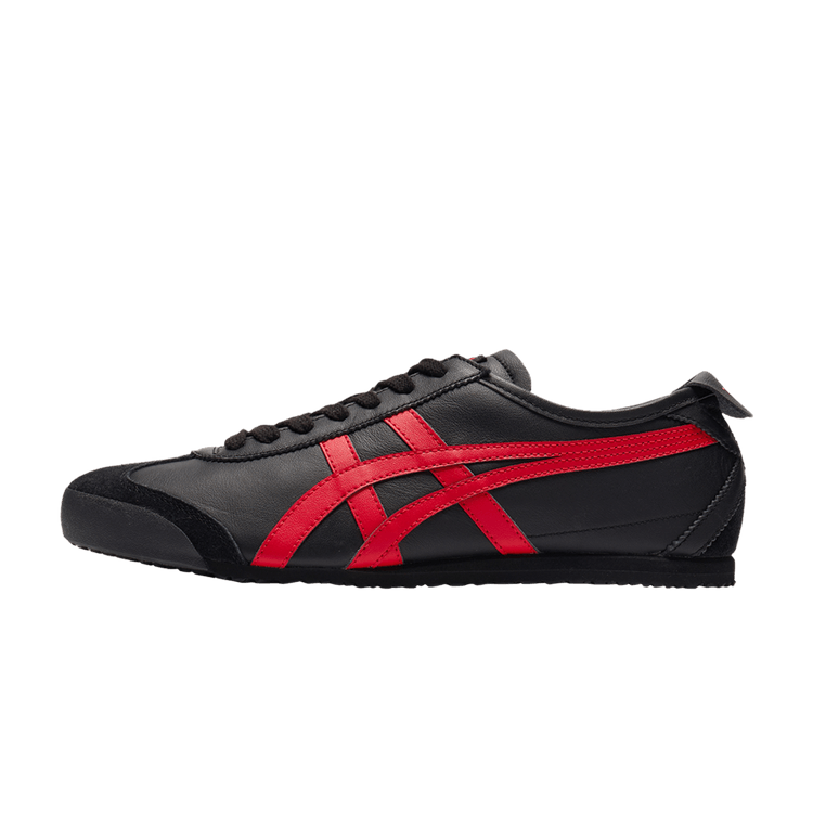 Onitsuka Tiger Mexico 66 Black Classic Red, zijaanzicht met zwart leer, rode strepen en suède accenten