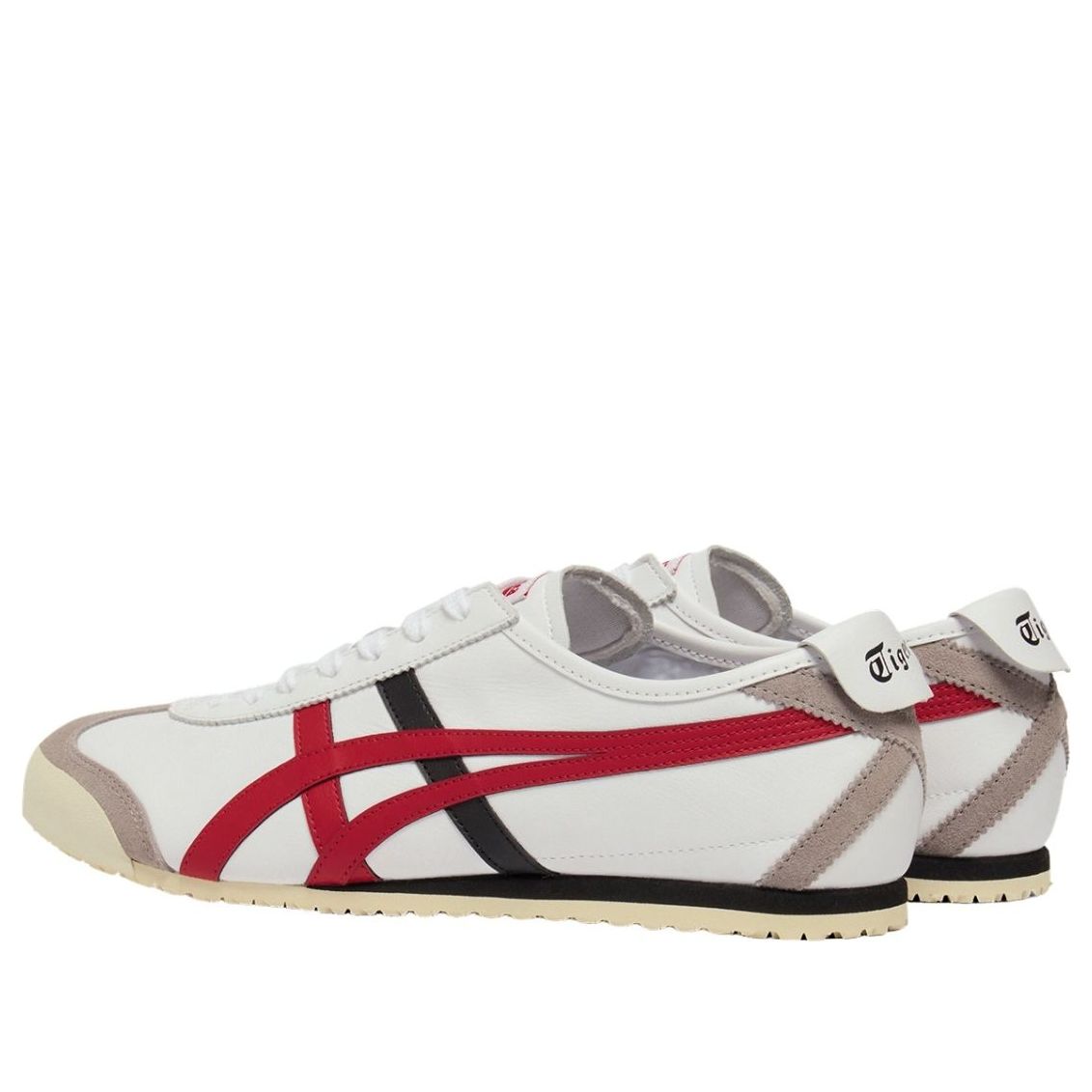 Onitsuka Tiger Mexico 66 White Classic Red, driekwart aanzicht met zichtbare hielcounter en merklogo