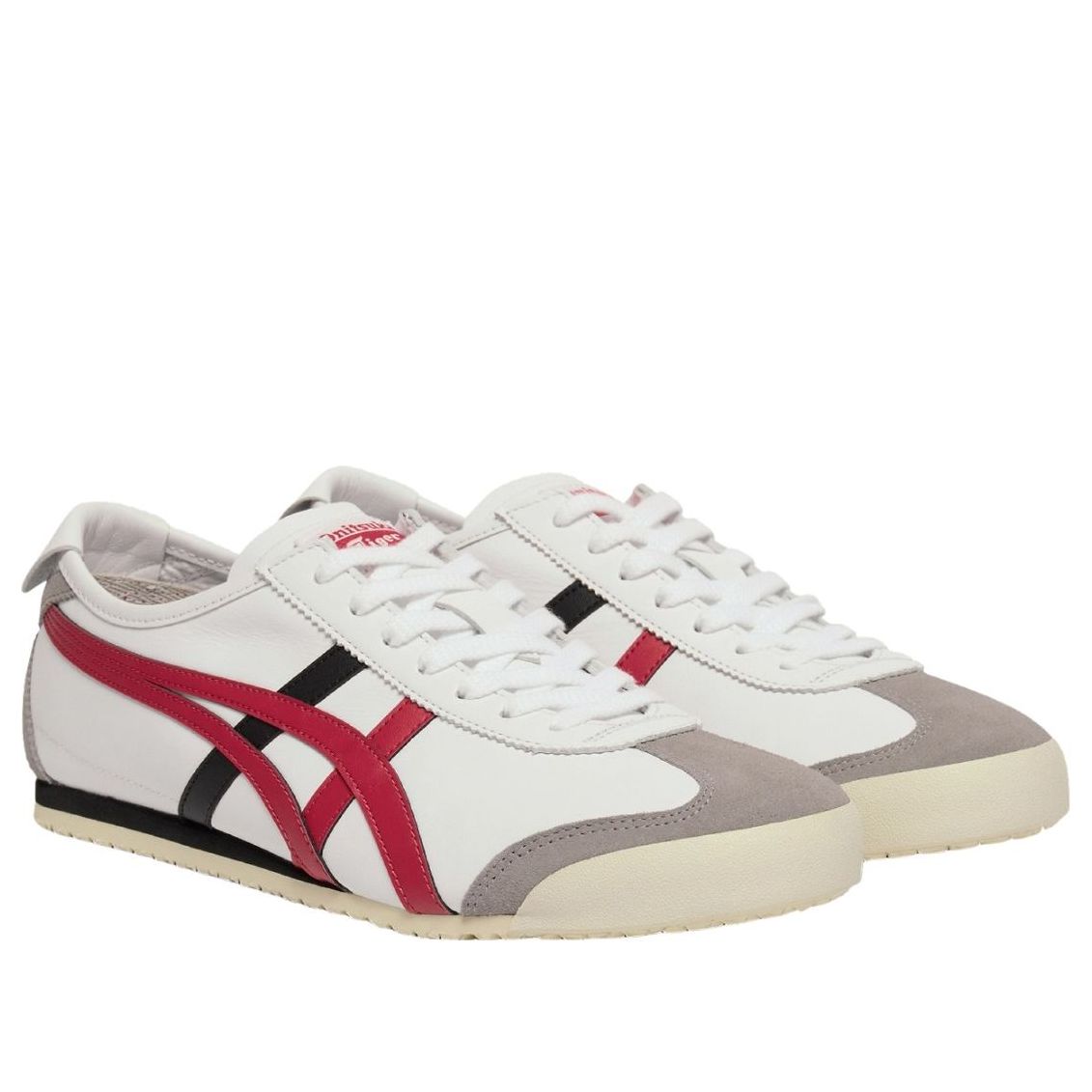 Onitsuka Tiger Mexico 66 White Classic Red, bovenaanzicht van paar schoenen met witte veters en kleurcontrasten