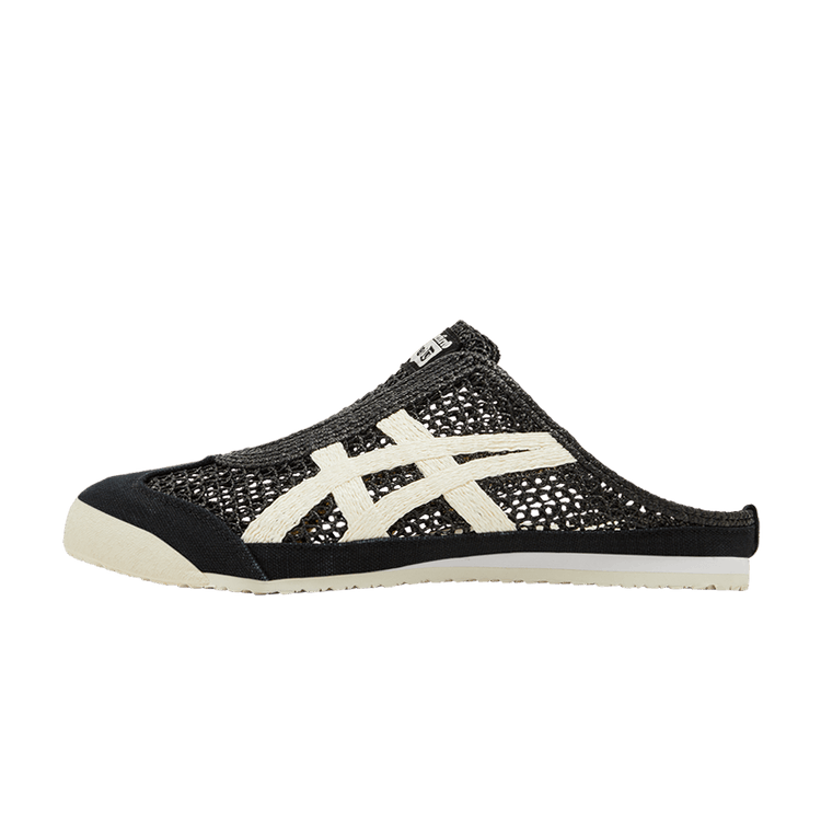Onitsuka Tiger Mexico 66 Sabot Black Cream, zijaanzicht met zwart mesh en crème strepen, witte zool
