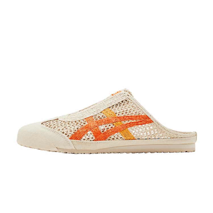 Onitsuka Tiger Mexico 66 Sabot Oatmeal Habanero, zijaanzicht met crème mesh-upper en oranje stiksels op de zijkant