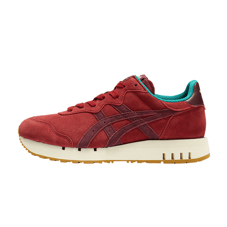 Onitsuka Tiger X-Caliber Beet Juice zijaanzicht, rood suède met turquoise binnenwerk en crème zool