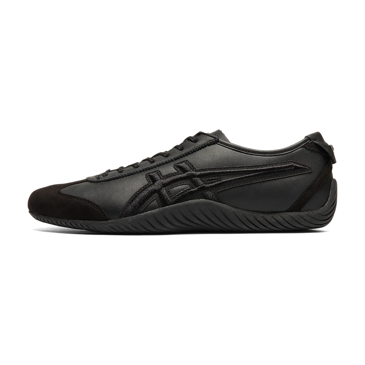 Onitsuka Tiger Mexico 66 Driving Triple Black zijaanzicht, volledig zwart leer met dubbele streep