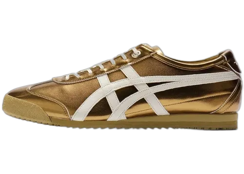 Onitsuka Tiger Mexico 66 SD Metallic Series Desert Camp Cream, zijaanzicht met goudkleurig metallic leer en witte strepen