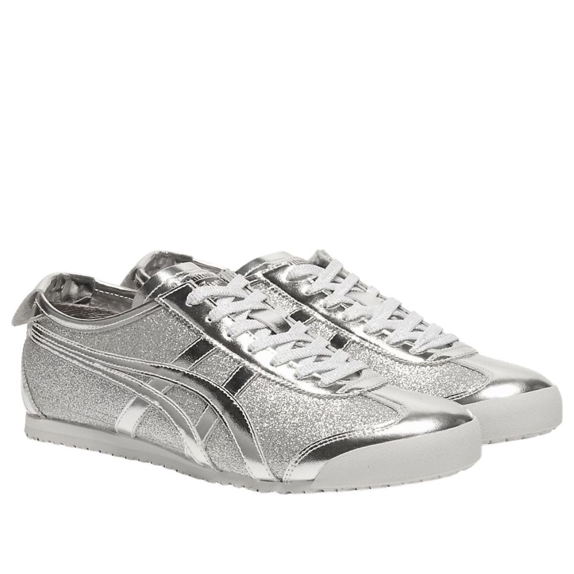 Onitsuka Tiger Mexico 66 Glitter Pack Pure Silver, paar samen met glitter en metallic zilver, wit logo
