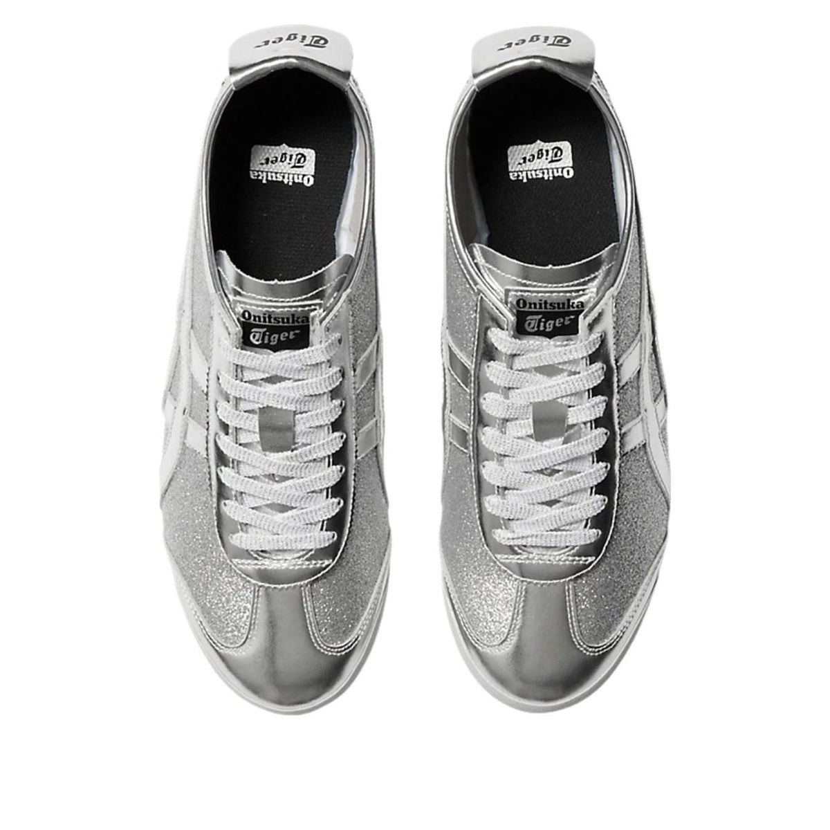 Onitsuka Tiger Mexico 66 Glitter Pack Pure Silver, bovenaanzicht met witte veters en glitterend zilver oppervlak