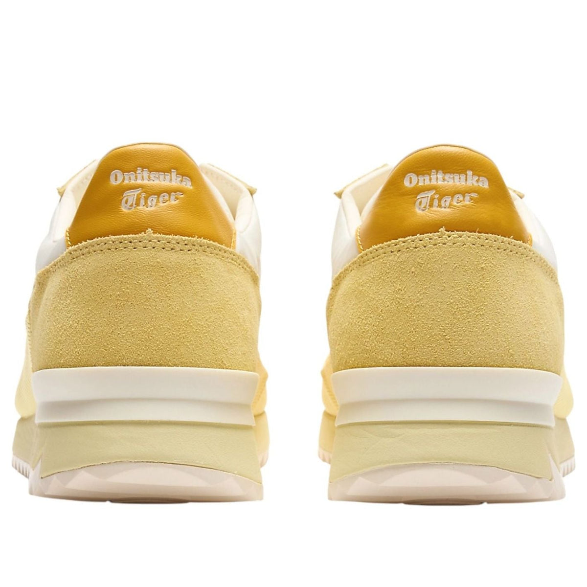 Onitsuka Tiger HSINTI Ivory Faded Yellow, achteraanzicht hak met Onitsuka Tiger logo op geel