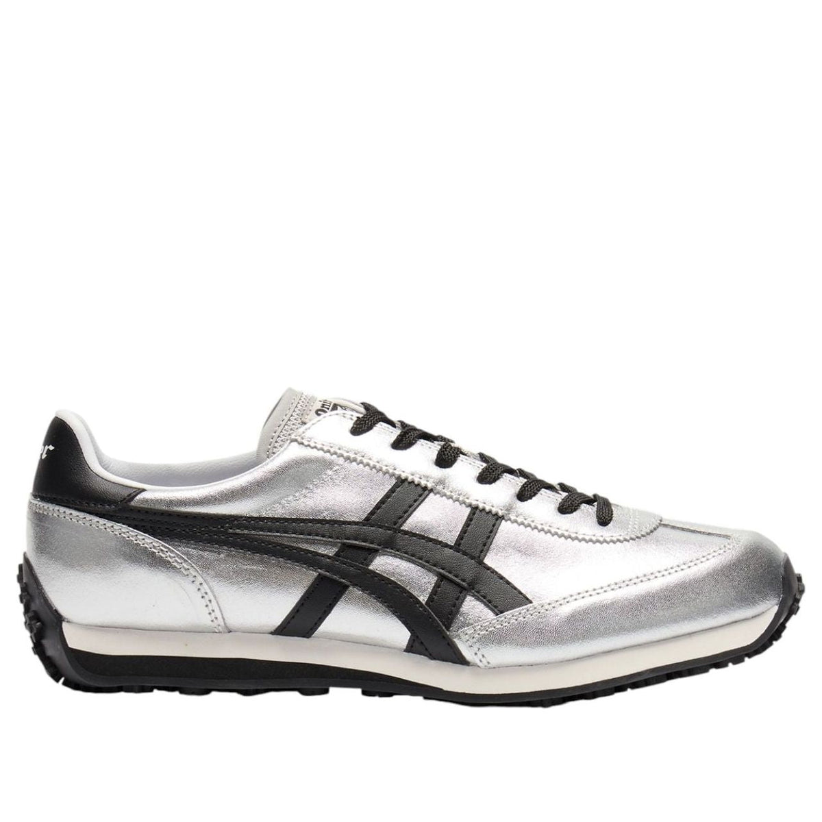 Onitsuka Tiger EDR 78 Pure Silver Black, zijaanzicht met witte voering en zwarte strepen over de zijde